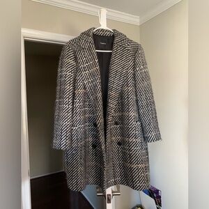 Theory Black, White & Tan Plaid Double-Breasted Wool Blend Coat